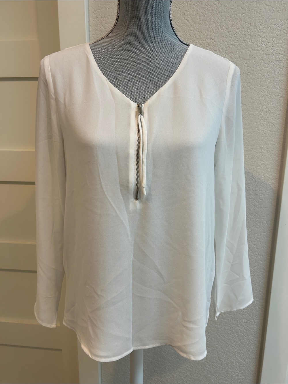 Naked Zebra White Long-Sleeve Zip Front Blouse